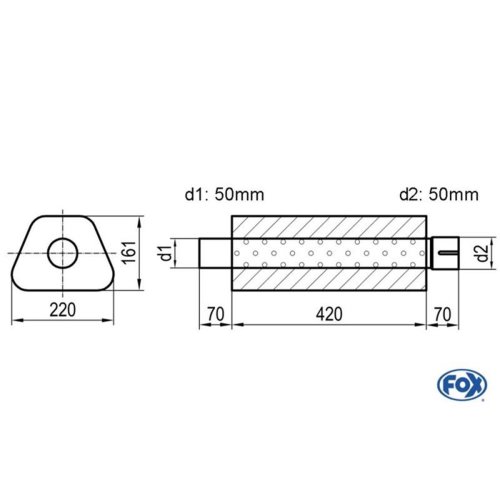 Uni-Schalldämpfer Trapezoid mit Stutzen - Abwicklung 644 220x161mm, d1Ø 50mm  d2Ø 50,5mm, Länge: 420mm