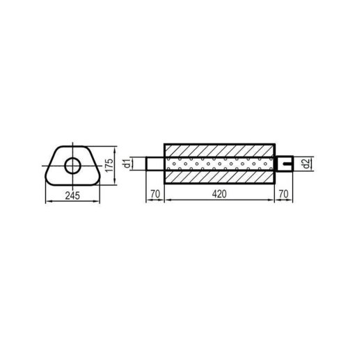 Uni-Schalldämpfer Trapezoid mit Stutzen - Abwicklung 711 245x175mm, d1Ø 50mm außen - d2Ø 50mm innen - Länge: 420mm