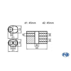 Uni-Schalldämpfer oval zweiflutig mit Kammer -Abwicklung 585 211x145mm, d1Ø 45mm  d2Ø 40mm, Länge: 420mm - Variante 1