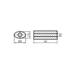 Uni-Schalldämpfer oval ohne Stutzen - Abwicklung 525 204x117mm, d1Ø 50mm, Länge: 420mm
