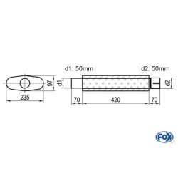 Uni-Schalldämpfer oval mit Stutzen - Abwicklung 558 235x97mm, d1Ø 50mm  d2Ø 50,5mm, Länge: 420mm