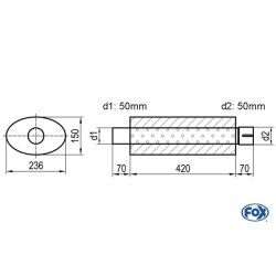 Uni-Schalldämpfer oval mit Stutzen - Abwicklung 618 236x150mm, d1Ø 50mm  d2Ø 50,5mm, Länge: 420mm