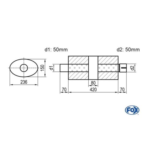Uni-Schalldämpfer oval mit Kammer + Stutzen - Abw. 618 236x150, d1Ø 50mm (außen) d2Ø 50mm (innen), Länge: 420mm
