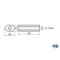 Uni-Schalldämpfer oval ohne Stutzen - Abwicklung 525 204x117mm, d1Ø 70mm, Länge: 420mm