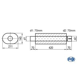 Uni-Schalldämpfer oval mit Stutzen - Abwicklung 585 211x145mm, d1Ø 70mm  d2Ø 70,5mm, Länge: 420mm