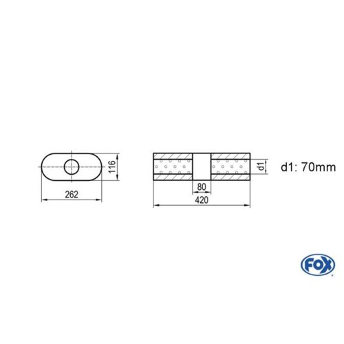 Uni-Schalldämpfer oval ohne Stutzen mit Kammer - Abw. 650 262x116mm, d1Ø 70mm, Länge: 420mm