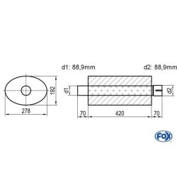Uni-Schalldämpfer oval mit Stutzen - Abwicklung 754 278x192mm, d1Ø 88,9mm  d2Ø 88,9mm, Länge: 420mm