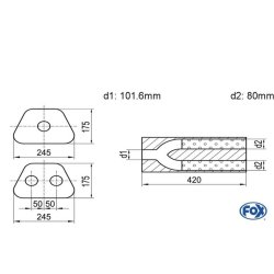 Uni-Schalldämpfer trapezoid zweiflutig mit Hose - Abw. 711 245x175mm, d1Ø 101,6mm außen/ d2Ø 2x80mm außen - Länge: 420mm